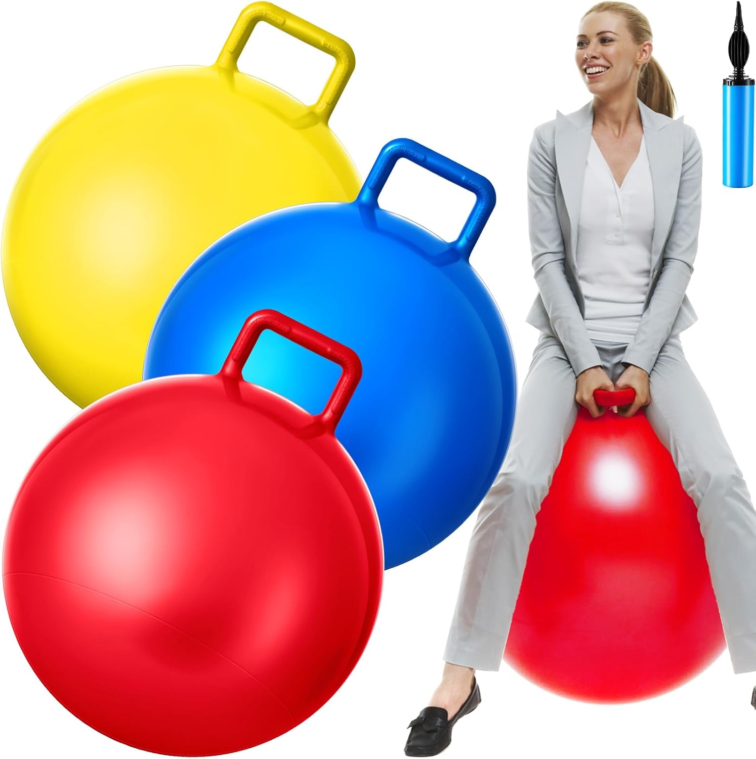 Lewtemi 3 Pcs 31 Inch Bouncing Ball with Handle, Outdoors Hopper Jumping Hopping Ball and Air Pump for Sports Exercise (Red, Blue, Yellow)