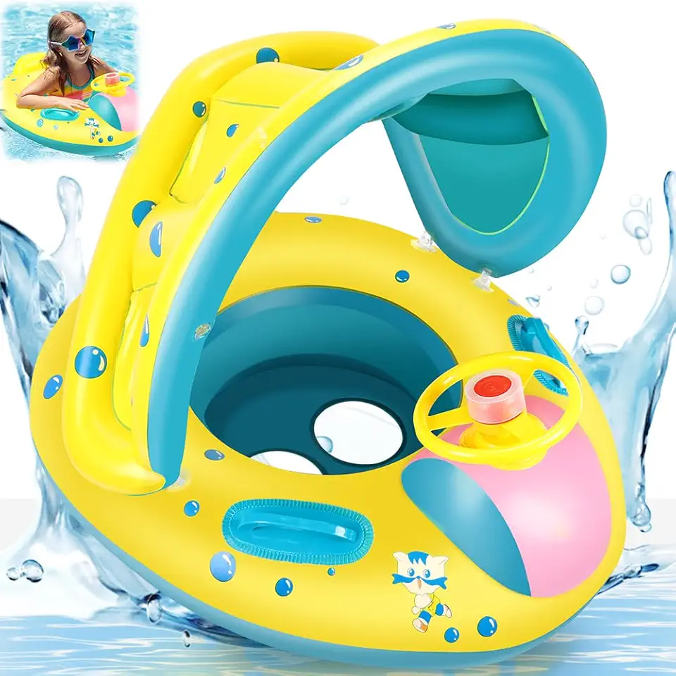 Bote Inflável com Toldo Ajustável e Removível, Volante, Capacidade de Peso de 30 Kg, Boia Piscina