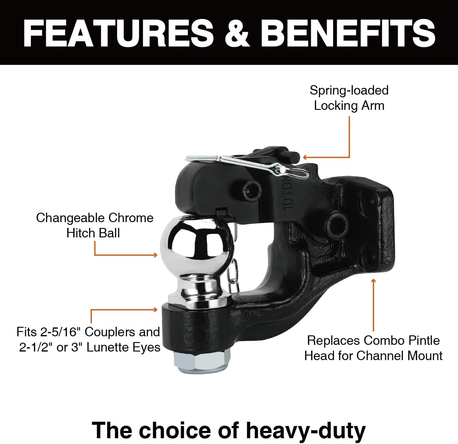 HEYOUTH Gancio di traino Ø 50mm Testa a sfera, fino a 8000kg/8T Giunto combinato Testa di accoppiamento in nero, Gancio di traino a sfera, per Transporter, Pick-Up, Auto Quad, Trattore e molto altro