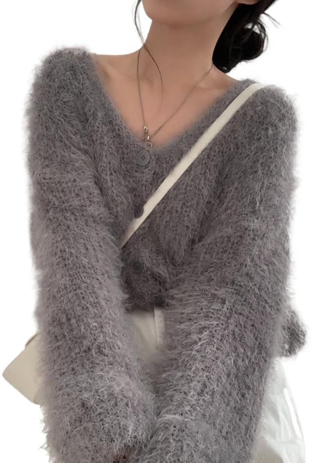 Image of Mohair Cardigan for Women - Fuzzy Open Front Oversized Faux Fur Coquette Sweater