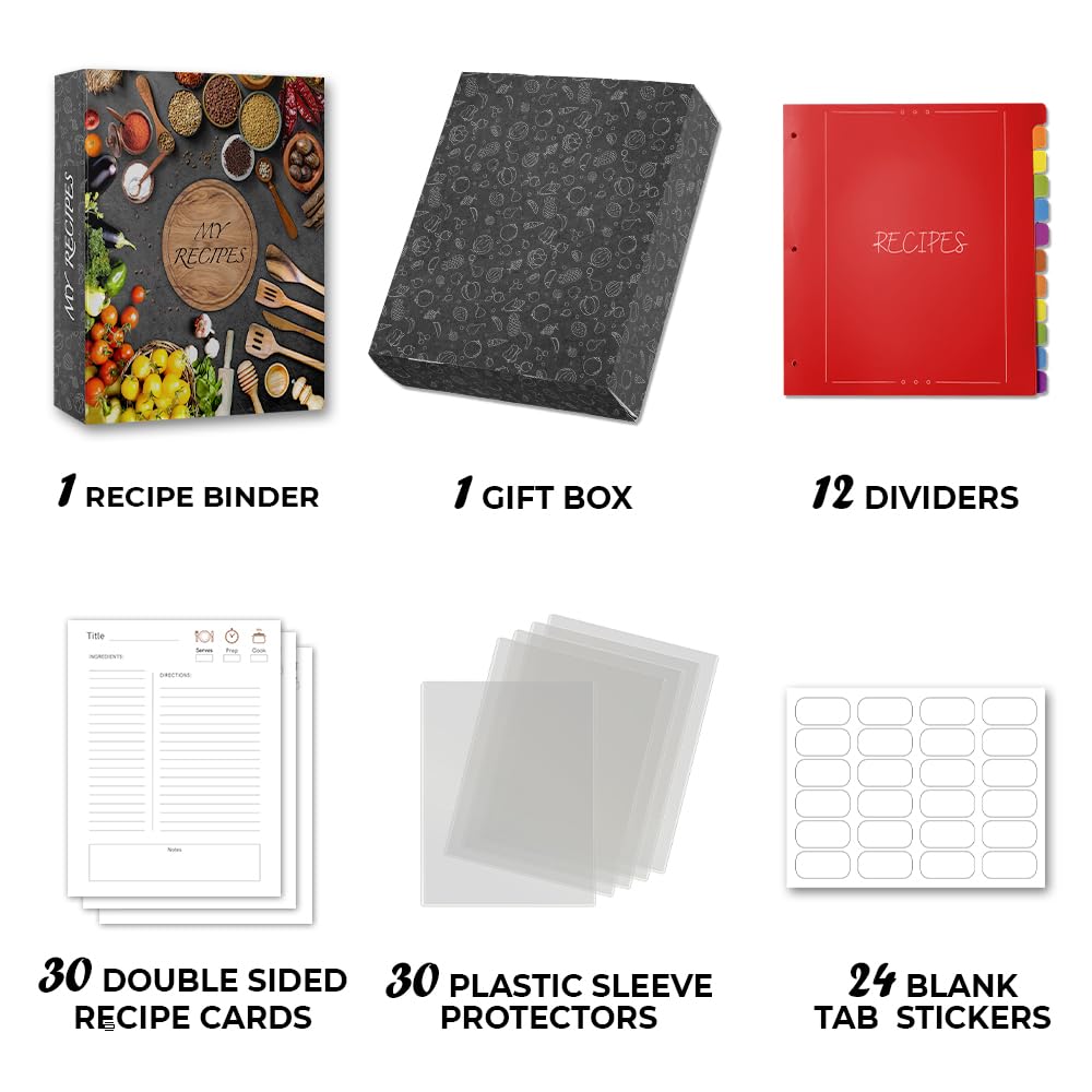 Raccoglitore per ricette a 3 anelli, 21 x 28 cm, 12 schede ricettario per ricette proprie, ricettario da scrivere nelle tue ricette, raccoglitore per ricette a pagina intera con maniche in plastica,