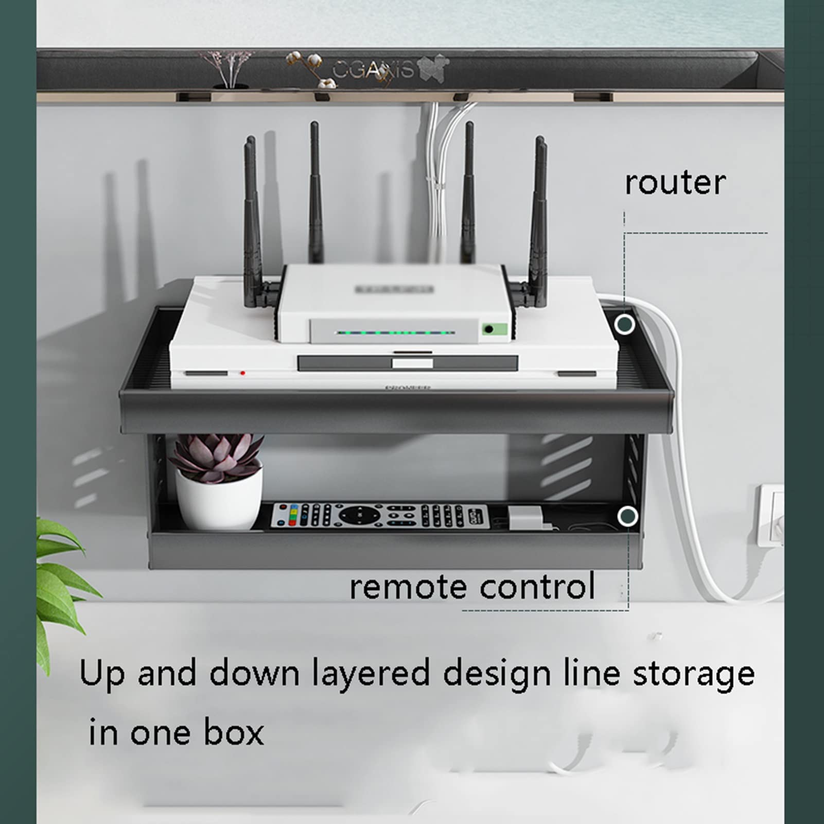 Supporto da parete per console multimediale flottante, mensola TV per decoder via cavo, router, scaffale portaoggetti con divisorio, ideale per proiettori, set top box, console di gioco e libri, 50 x