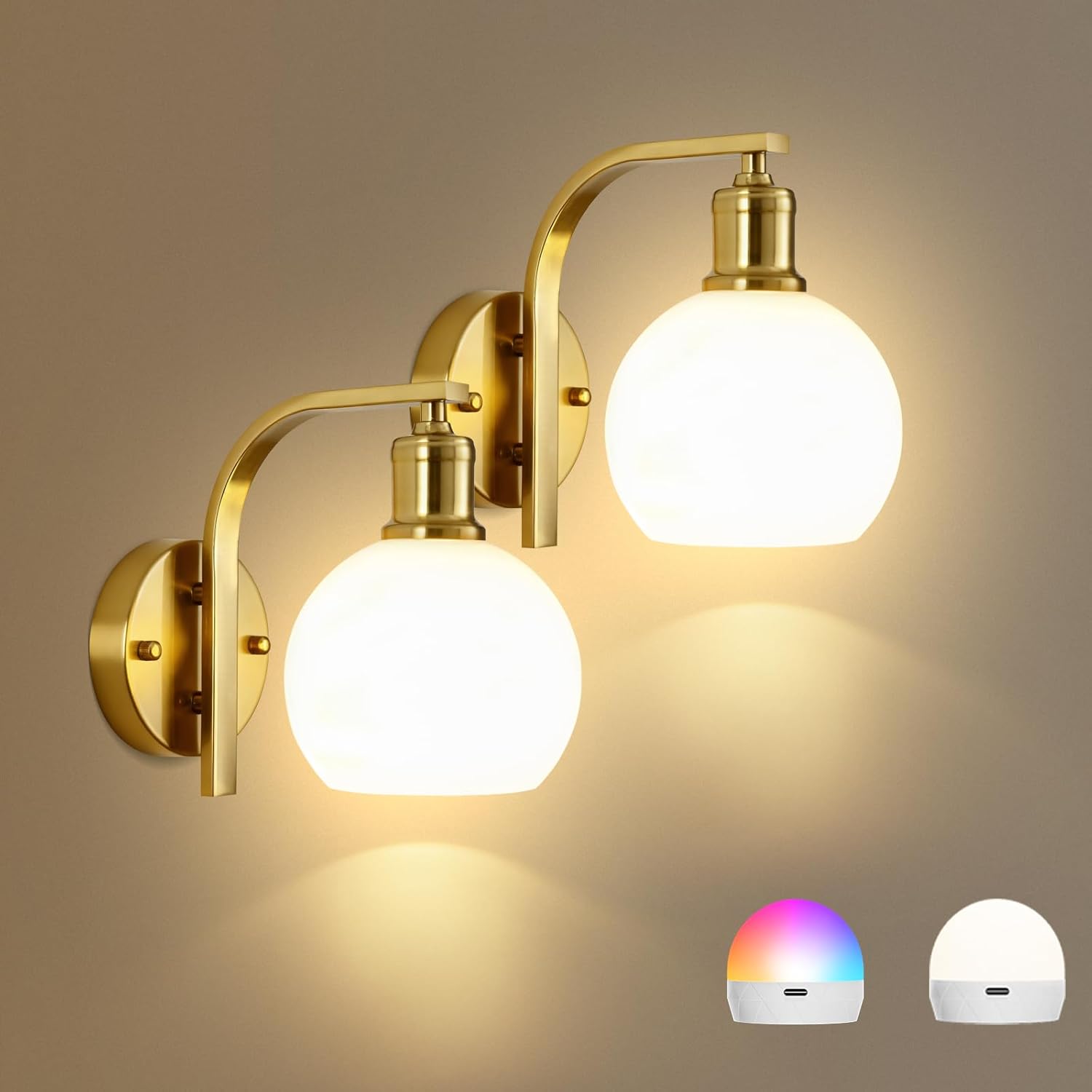 Battery Operated Wall Sconce Set of 2, Gold Wireless Rechargeable Wall Lights with Milky Frosted Shade, 12 RGB and 3CCT Dimmable Cordless Wall Lamps with Remote for Bedroom Living Room