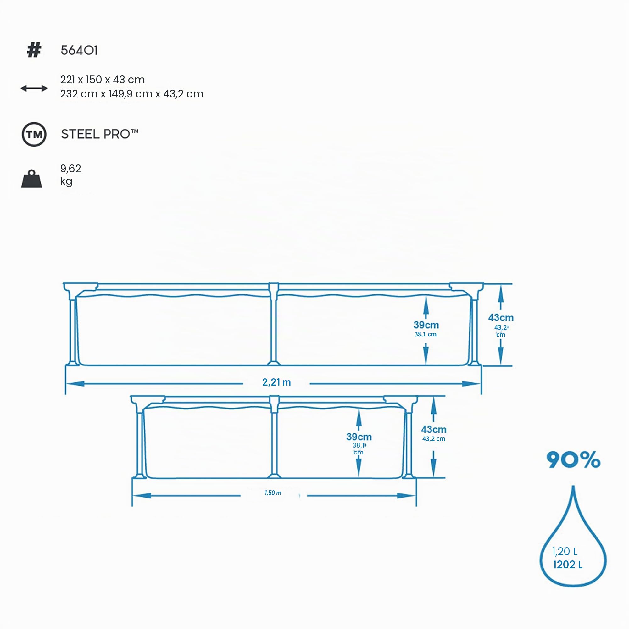 Bestway Steel Pro™ 7'3" x 59" x 17"/2.21m x 1.50m x 43cm Pool