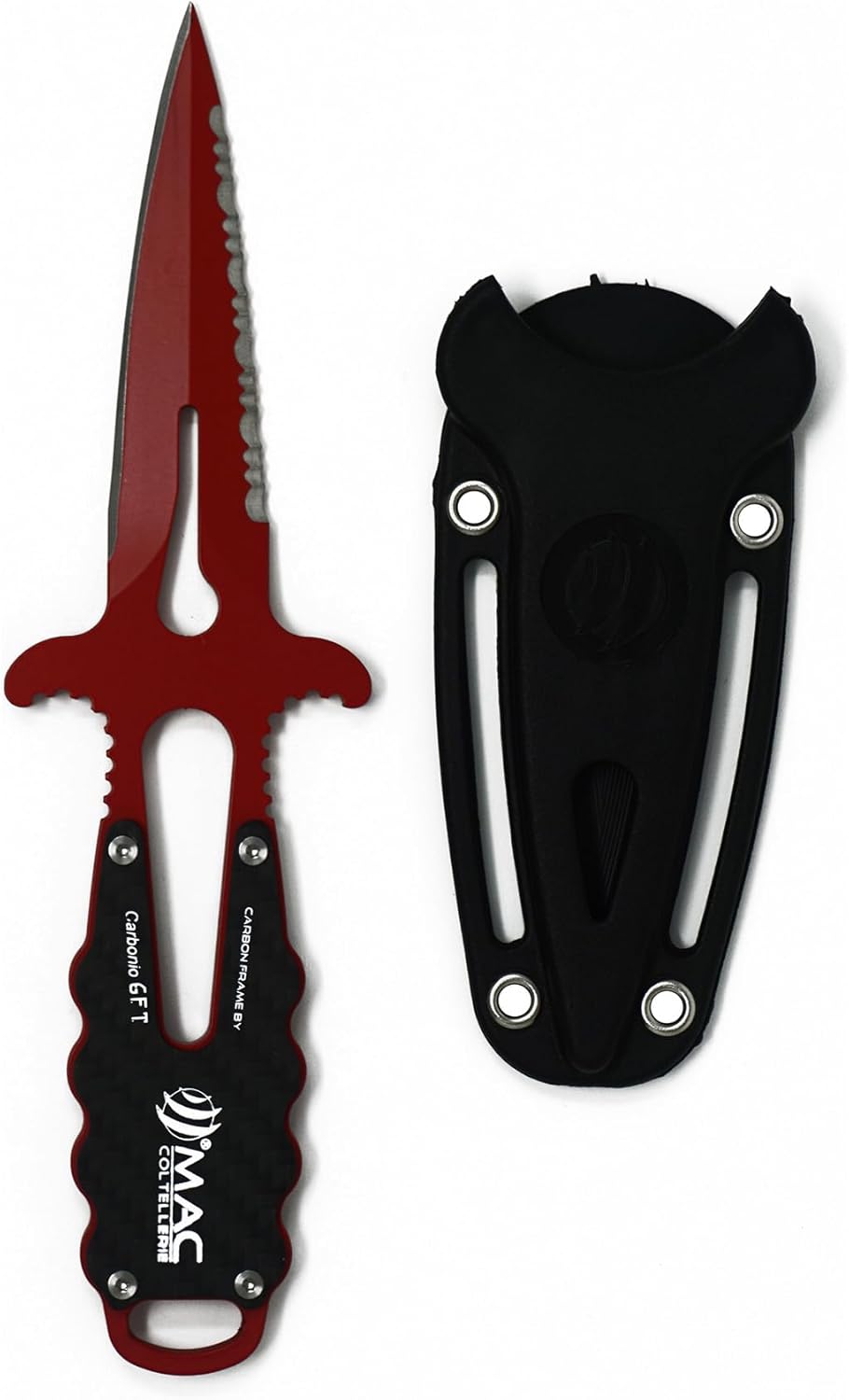 Walker by Mac Coltellerie APNEA 9 Scuba Diving Knife Stainless Steel Made In Italy w/PTFE Rosso Coating & Carbon Handle