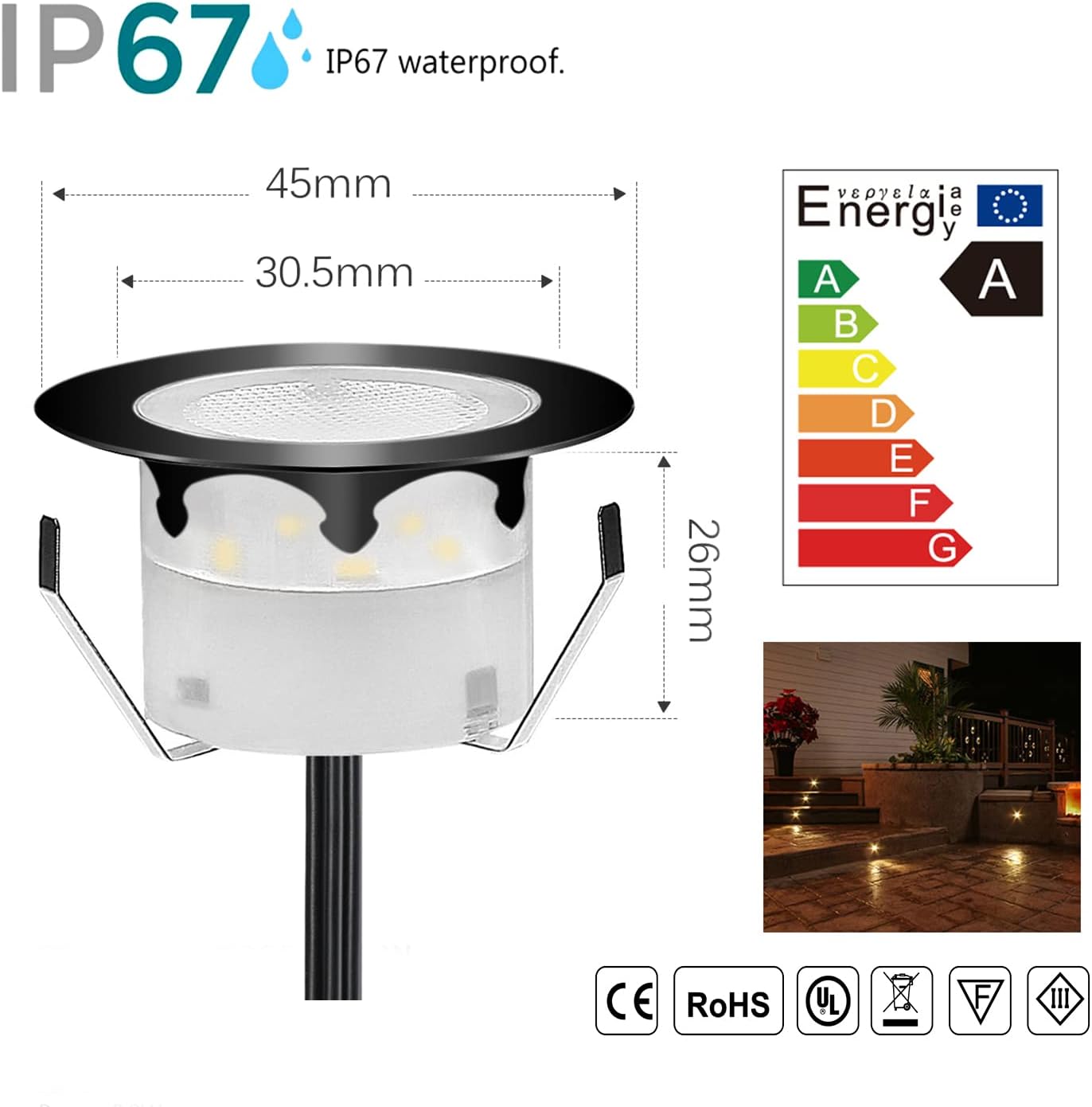 Led Deck Lights Outdoor Waterproof Low Voltage Stainless Steel 1W Outdoor Yard Garden Decoration Lamps Landscape Pathway Patio Step Stairs LED In-ground Lights Black Border(6pcs,Warm White)