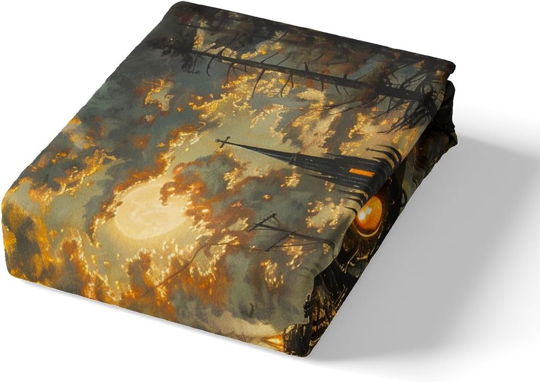 Train Kids Fitted Sheet Full Size,Retro Choochoo Steam Locomotive Train Bedding Set,Boys Girls Room Decor,Gothic Bell Tower Castle Bed Cover,Brown Bed Sheet,2 Pillowcases