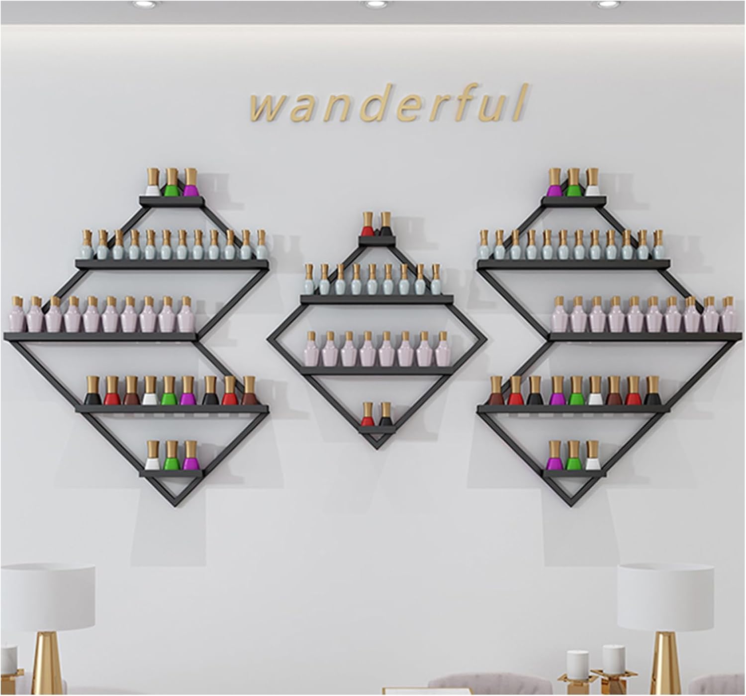 Polygonal Nail Polish Display Rack, Metal Wall-Mounted Nail Polish Storage Racks, Perfume Wall Shelf Essential Oil Organizers for Home Spa Nail Salon Shop,Black