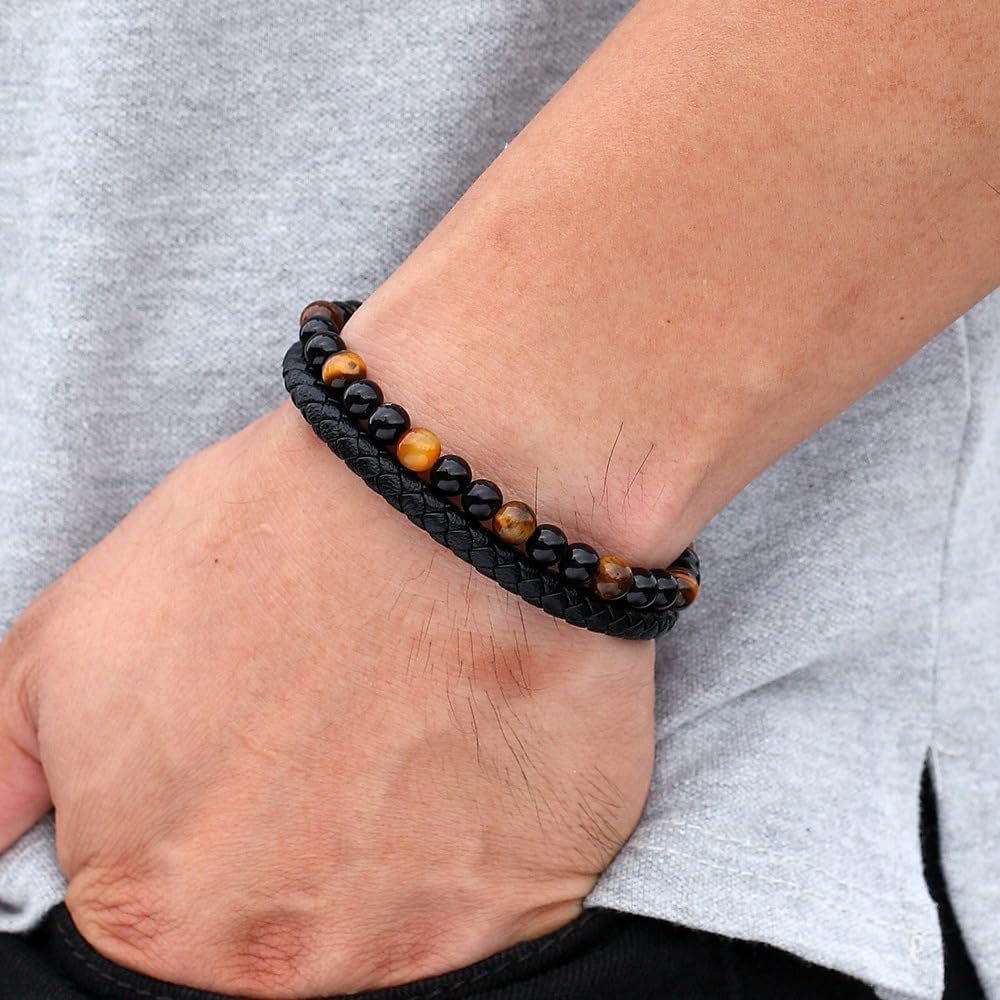 The Guardian - Son's Tiger Eye Protection Bracelets For Men, Leather Black Beaded Bangle Engarved With Love You Forever Cuff Jewelry Gift for Birthday Christmas - Image 3