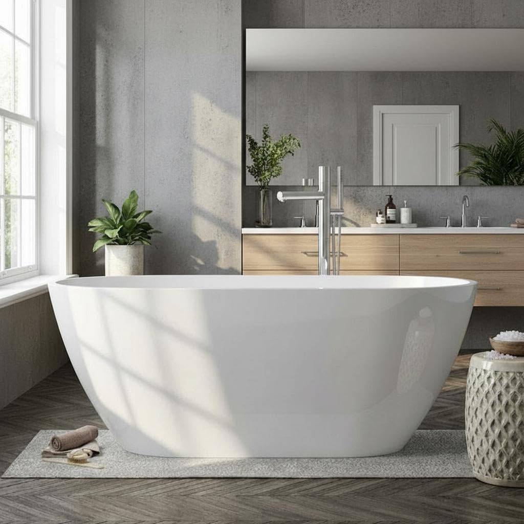 GarveeHome 59'' Acrylic Free Standing Soaking Tub, Double-Walled Insulated Freestanding Bathtub with Ergonomic Deep Design, Glossy White, Matte Drain, Black Overflow, CUPC Certified Stand Alone Tub