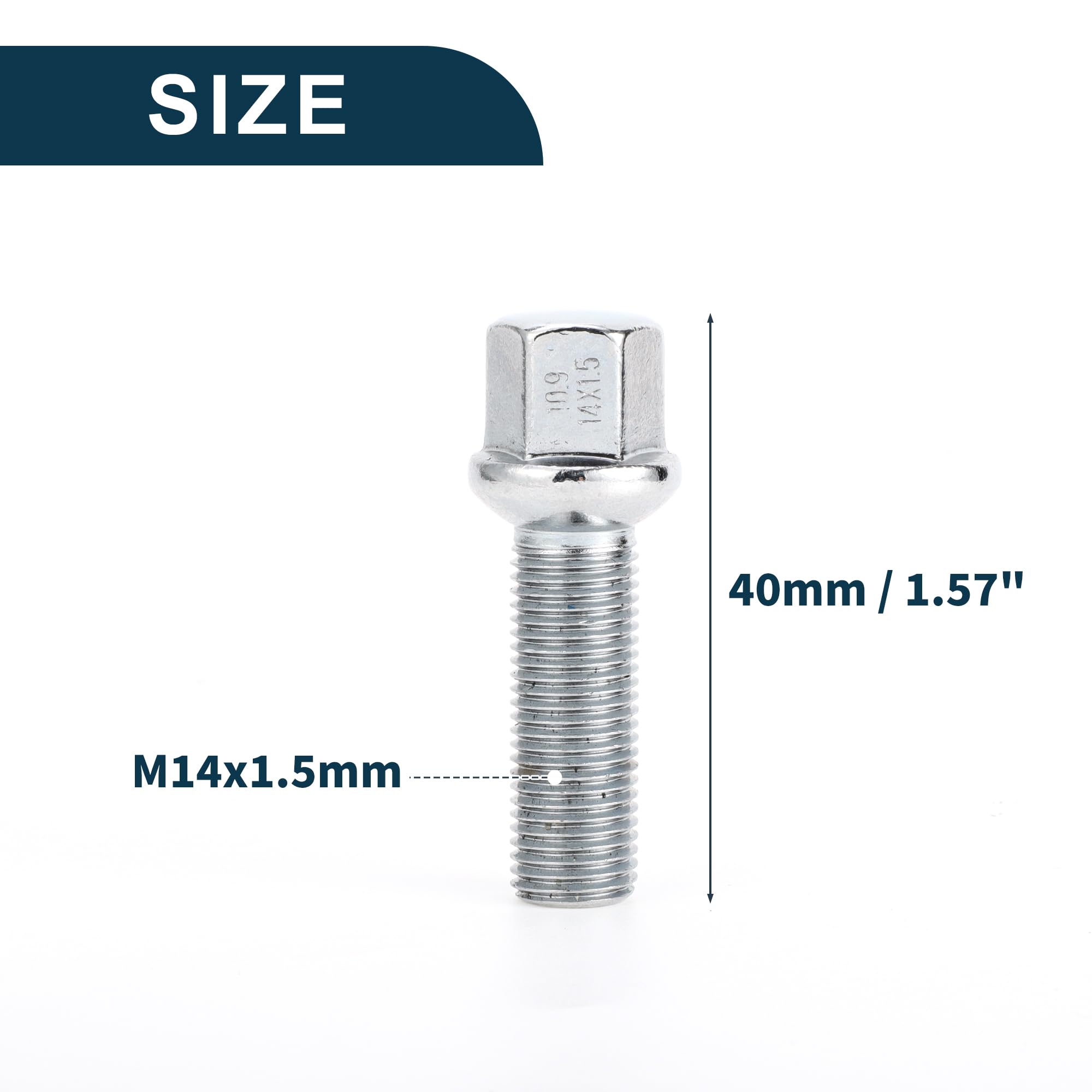 Bullone per Dado Ruota a Sfera M14x1.5mm per Volkswagen 19mm Esagono 40mm Lunghezza Asta Robusto | Bulloni Estesi Tono Argento 10 Pz