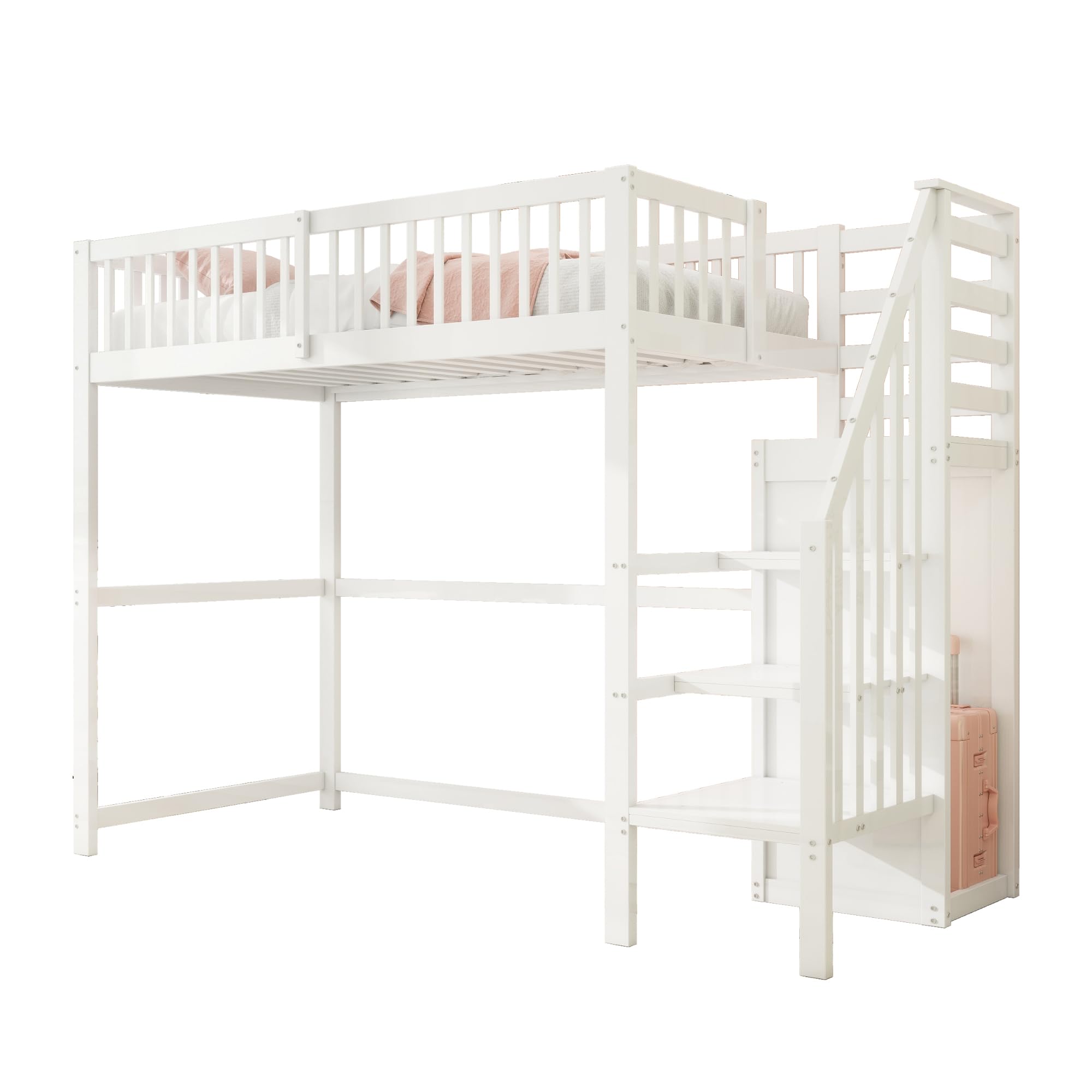 Azkoeesy Letto a soppalco singolo per bambini e adulti, con scala e armadio, protezione anticaduta e rete a doghe, spazio di archiviazione sotto il letto, bianco, 90 x 200 cm