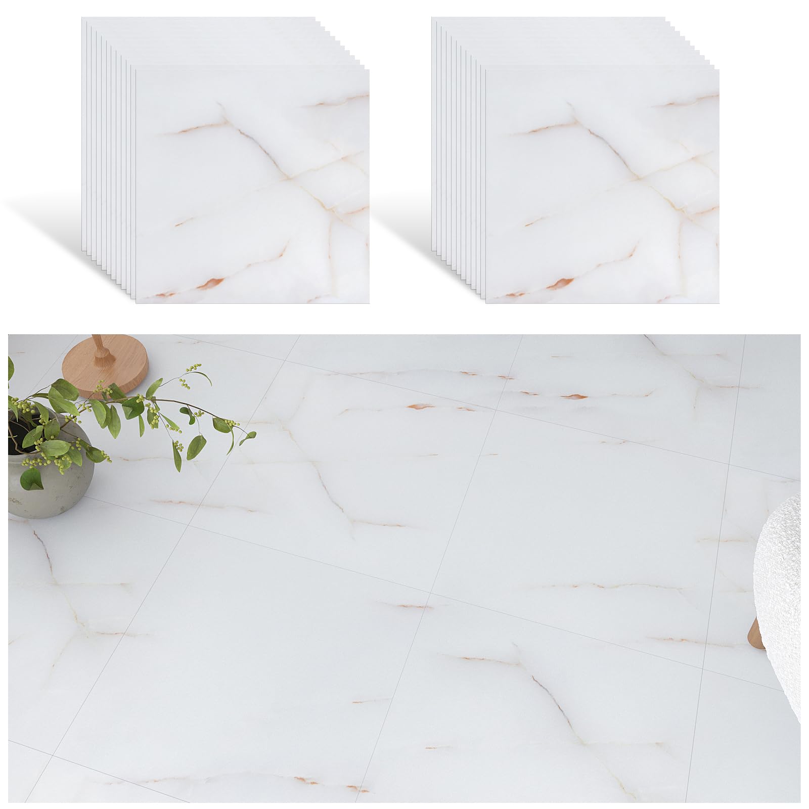 VEELIKE Pavimento PVC Adesivo Marmo Bianco Oro 24 Pezzi Piastrelle Adesive Pavimento Bagno Spesso Adesivi per Piastrelle Marmo Bianca per Cucina Camera da Letto Garage Impermeabile 30 cm x 30 cm