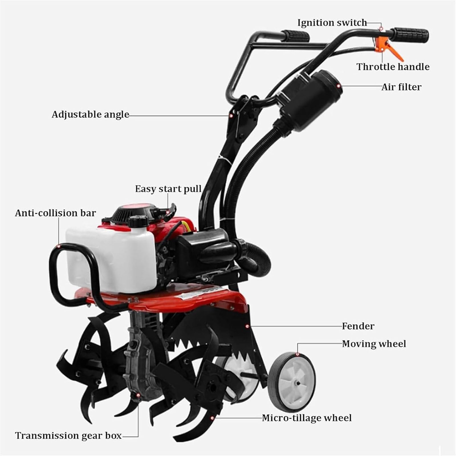 Jardín fresa de gasolina 55CC,Rotocultivador de 4 tiempos para césped, jardín y campo,Altura ajustable,10500 RPM