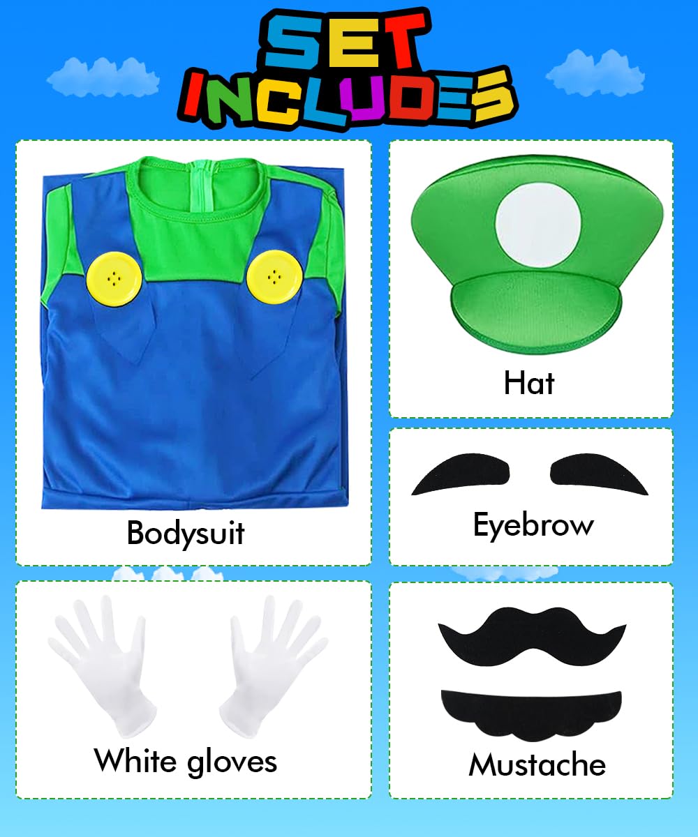 YYDSXK Super Bros Costume Bambino Adulto, Costumi Carnevale, Costumi Cosplay Classico Super Bros per Ragazzo con Cappello, Guanti per Bambino Compleanno Natale Halloween Carnevale Cosplay Vestito