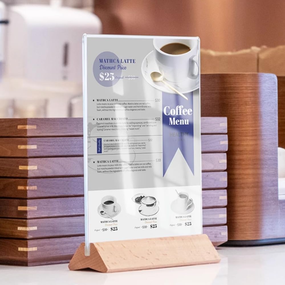 Acrylic Sign Holder A4/A5/A6 Menu Displays T/L Shape, Wood Base Table Top Sign Stand (T Shape A6 105×148mm/4.13×5.83 inches) - Image 8