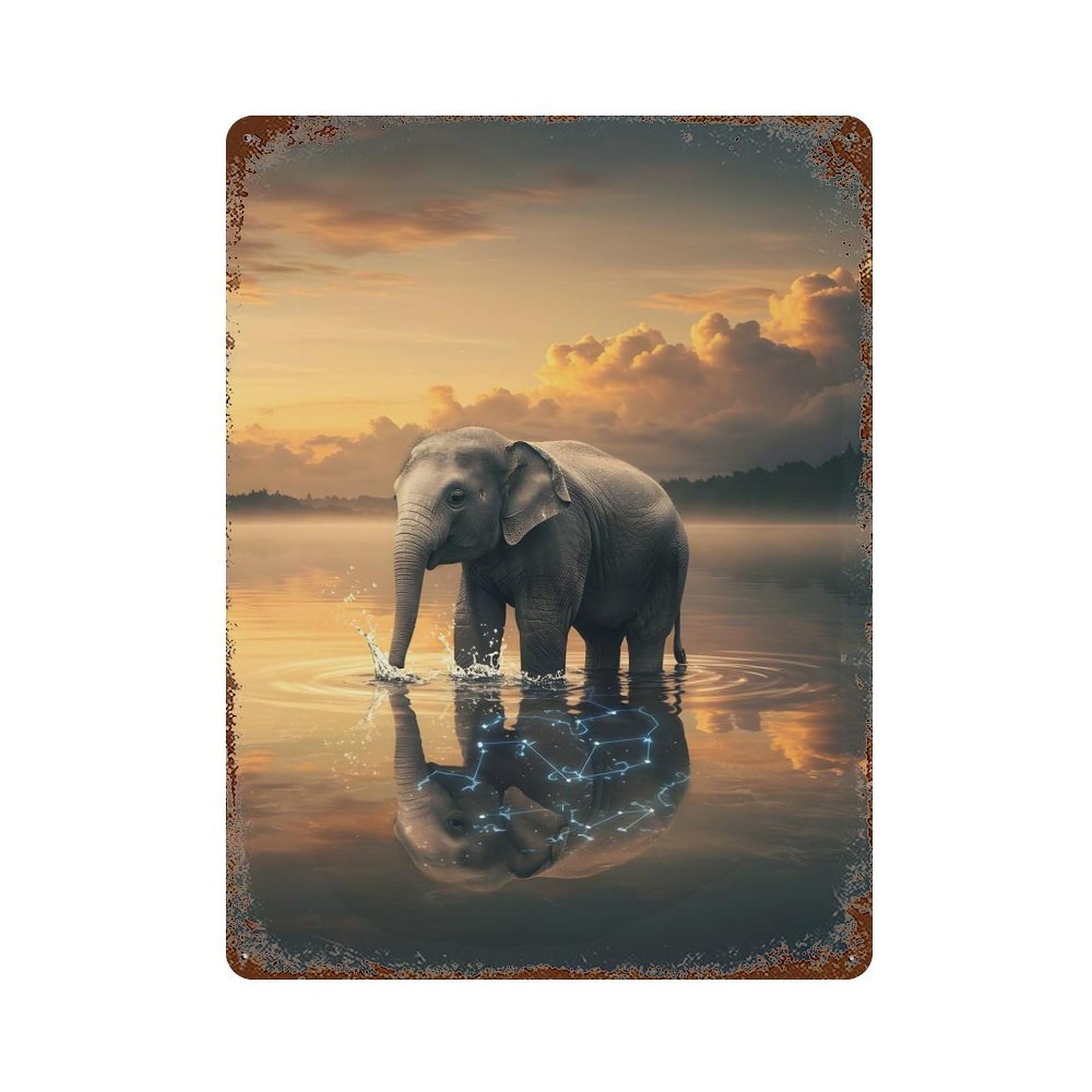 Elephant in Water with Constellation Reflection Decorative Tin Sign 15.7"x11.8", for Bistro, Counter And Cafe Decor, Retro Wall Decor