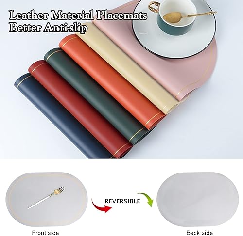 Miniatura 4 de Juego de 2 manteles individuales ovalados de piel sintética, resistentes al calor, fáciles de limpiar, impermeables, para mesa de comedor, cocina,