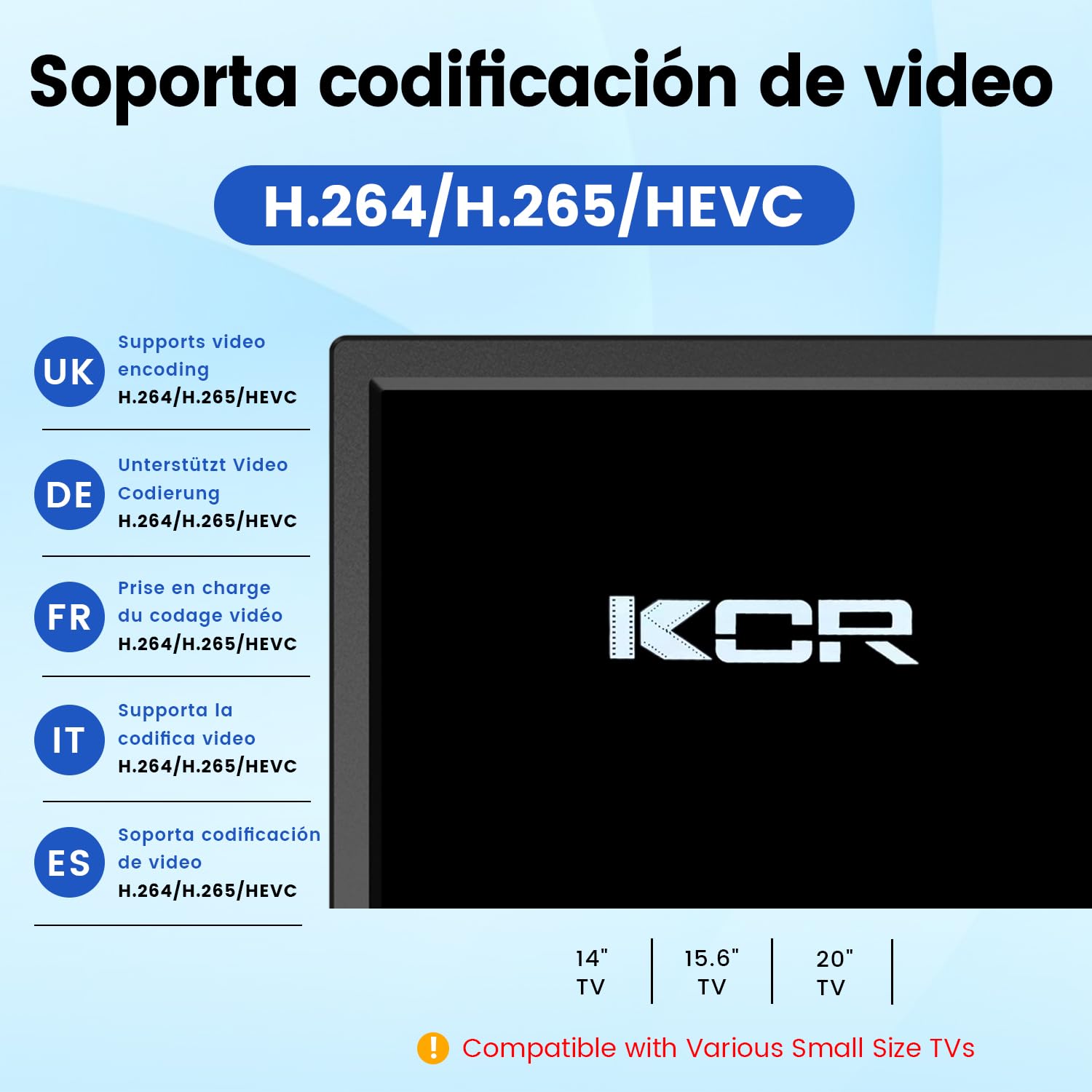 KCR TV portatile 14,0 pollici digitale DVB-T2, Freeview, batteria ricaricabile, porta USB, presa per cuffie, telecomando, ingresso AV, ingresso HDMI, HEVC Main 10