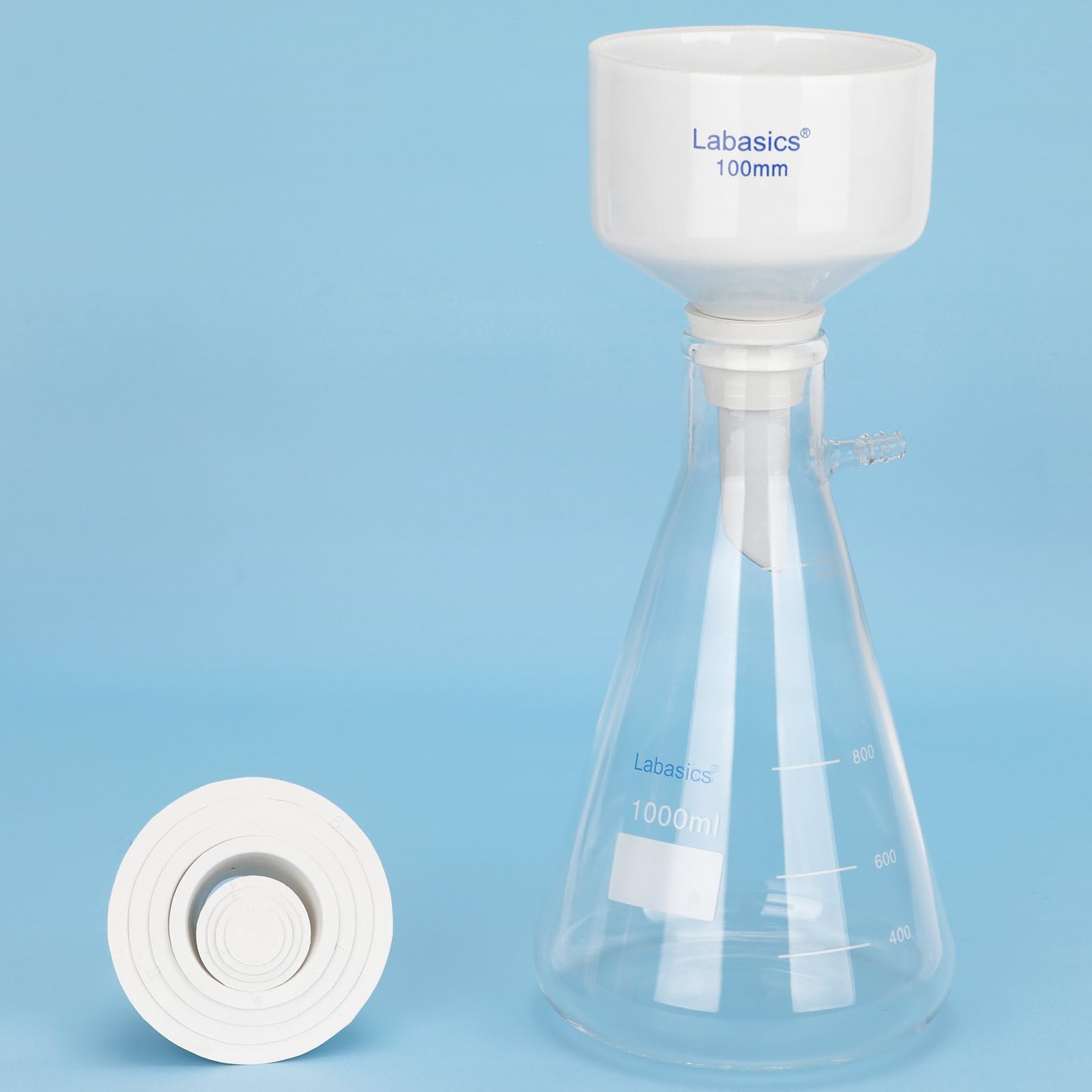 Labasics Entonnoir Büchner en Porcelaine, Entonnoir Buchner de 100 mm de Diamètre Extérieur et Fiole 1 L en Borosilicate avec Adaptateur Caoutchouc pour Laboratoire