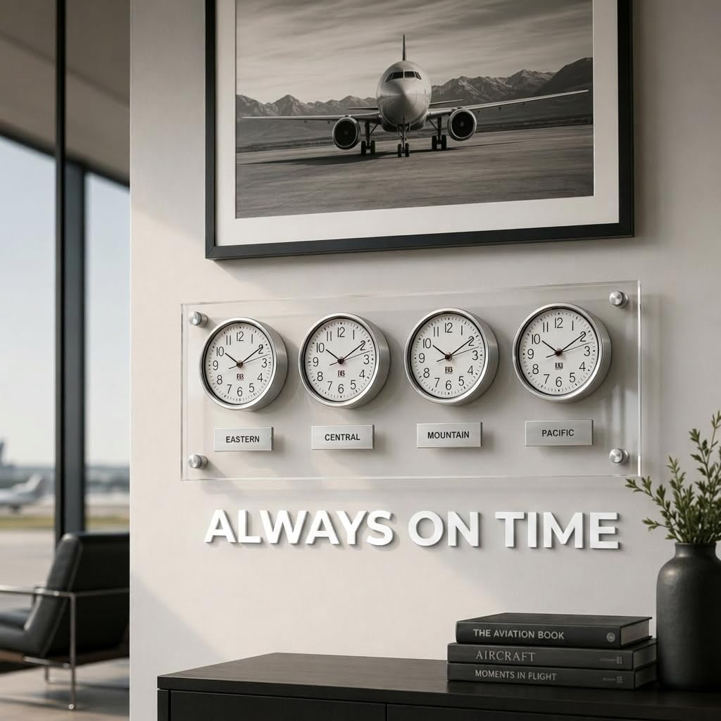 BBHORAIRE Silver Time Zone Wall Clock, Silent Quartz Analog World Clock for Home or Office, Battery Operated, 32x12 Inch