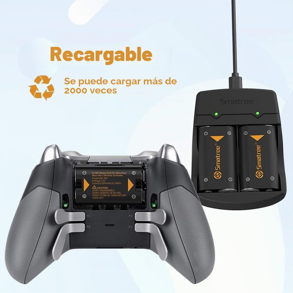 Smatree 4 x 2600 mAh Recargable batería para Xbox Series X/Xbox One, Xbox One S/Xbox One X, Controlador/Mando Xbox Elite, batería NI-MH + Cargador Doble Cana