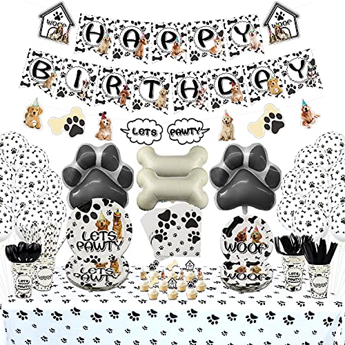 Dog Party Supplies - Doggy Themed Tableware Party Pack For Puppy, Dog Lover, Kids Birthday Party Decorations, Including Plates, Cups, Napkins, Tablecloth, Banner, Balloons, Cake Toppers Serves 20 (B) #TOP18
