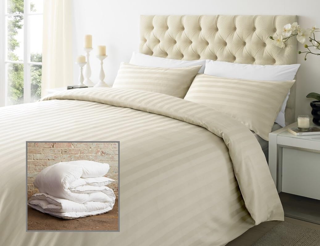 Bedtime Comforts Ltd Cream Emperor Bed Size Duvet Quilt Cover + 2 Pillowcases - Satin Stripe - 100% Cotton (Duvet Cover Set + Duvet)