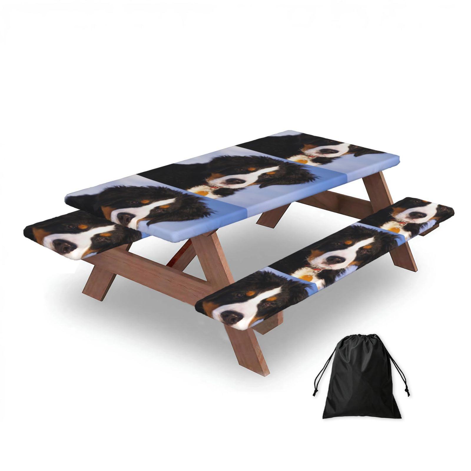 Dopklna As Picture Bernese Mountain Dog, Picnic Table Cover With Bench Covers -Waterproof Elastic Fitted Tablecloth For Garden Camping Patio 76X152cm