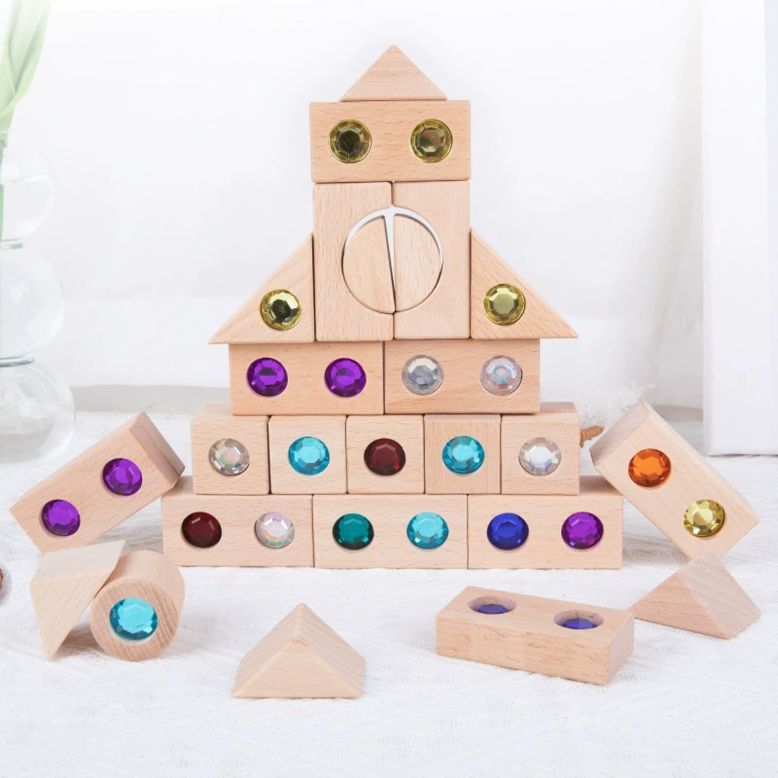 Blocchi di Legno con Inserti Colorati | Costruzioni Fantasiose e fortezze, Set di Blocchi con Scatola Legno, Educativo, per Area Giochi