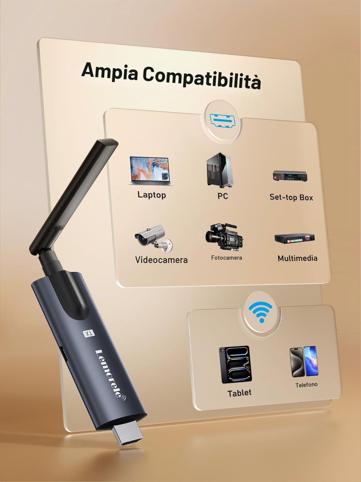 Trasmettitore HDMI Wireless (TX) per Streaming da Laptop/Fotocamera a Tablet/Telefono via App TuTuPlay, Live, Sicurezza, Registrazione, 1 TX a 4 RX (Solo TX)