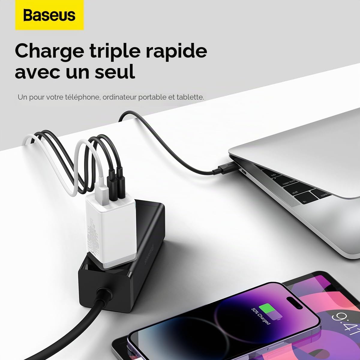 Baseus Travel Charger GaN5 Pro Fast Wall Charger, C+C+U, QC, AFC, PD 65W with Type-C to Type-C (100W) 1m, White EU (CCGP120202)