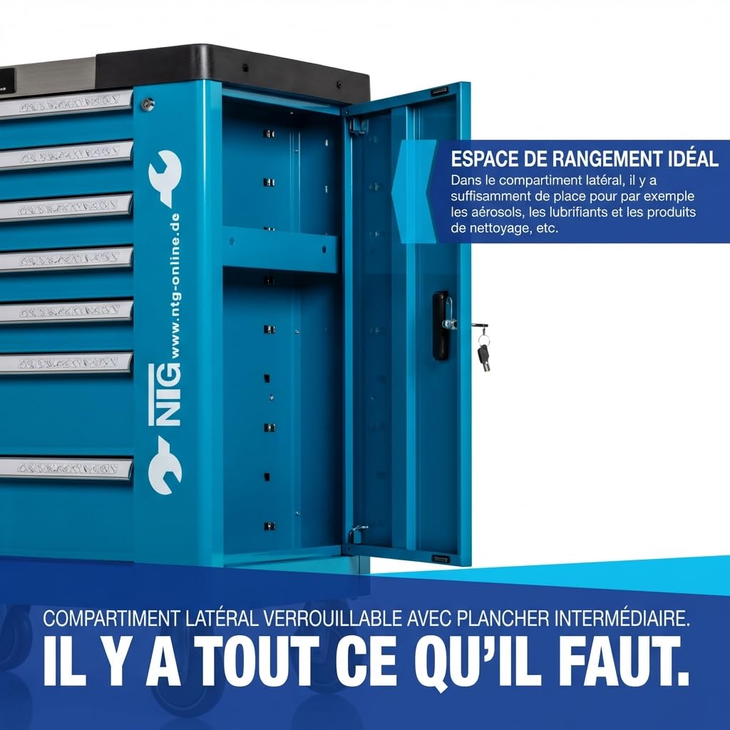 NTG Chariot à Outils + Outils + 7 tiroirs, 247 pièces, verrouillable, Dont 6 avec Outils, avec Inserts Souples en Aspect Carbone, tiroirs remplis, servante d'atelier, boîte à Outils