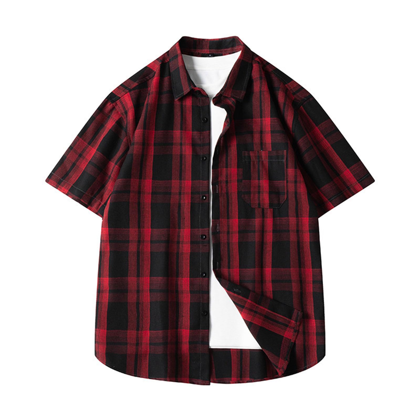 Men's Short Sleeves Blouse Tops Vintage Plaid Print Button up Lapel Shirts Plus Size Loose Comfy Summer Shirt Top