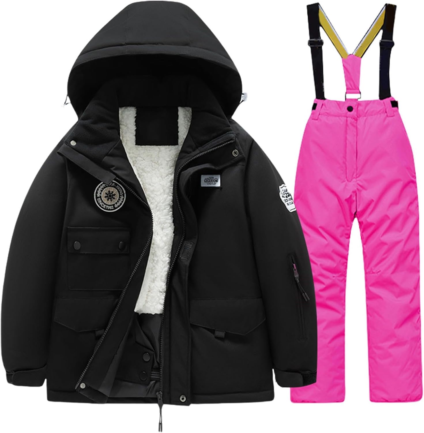 Youth Ski Jacket & 𝗕𝗶𝗯 Snow Pants Ski Suits 2 Piece Outfit Kids Boys Girls Winter Fleece Lined Quilted Hoodie Coat Snowbib