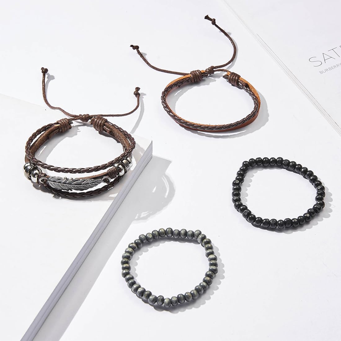 CASDAN Braccialetti Intrecciati In Pelle Unisex - Set Con Perline Legno, Regolabile, Stile Tribale - 2