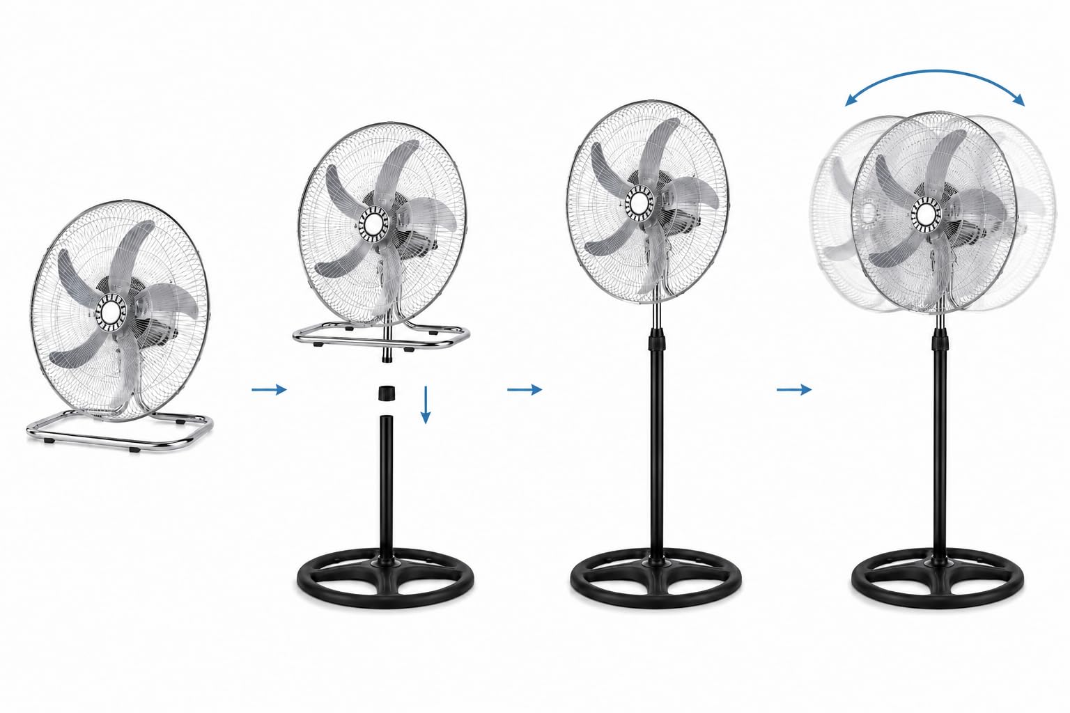 Generico Ventilatore 3 in 1 da Terra e Tavolo Cromato, Ventilatore Oscillante con Piedistallo Regolabile, Ventola Silenziosa ad Alta Potenza, Design Moderno in Metallo per Casa Ufficio Camera