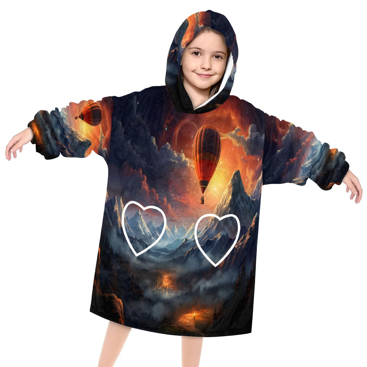 Kids Blanket Hoodie Natural Hot Air Balloon Wearable Blanket Hoodie Oversized Hooded Blanket, Sweatshirt Blanket with Pockets Soft Warm Kids Hooded Blanket for Girls, Boys