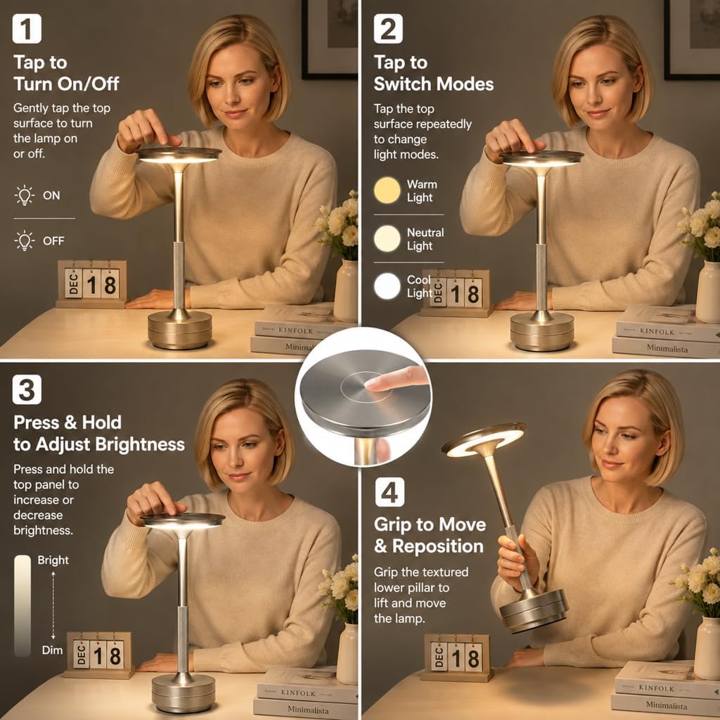 Cordless Rechargeable LED Table Lamp, 11.5 inches Modern Portable Desk Lamps 3 Colors Adjustable Brightness, 2600 mAh Battery Powered Table Light for Bar Restaurant Dining Silver 2Pcs image 3
