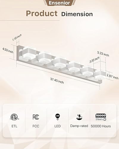 Miniatura 5 de Ensenior Lámparas de baño, luces LED regulables sobre el espejo, CRI 90, luz diurna de 5000 K, acero inoxidable acrílico, 6 luces para tocador
