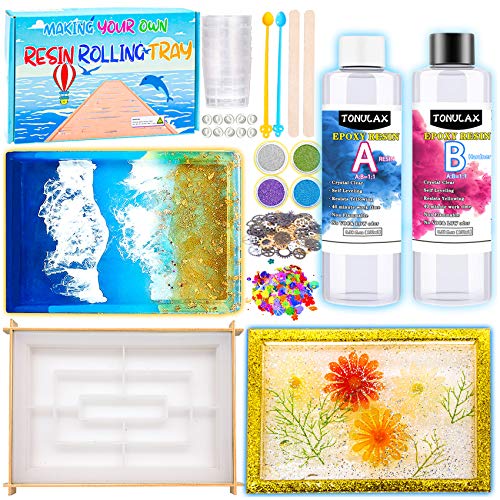 TONULAX Resin Tray Molds, Large Tray Making kit - 13.8 OZ Crystal Clear Epoxy Resin, Sturdy Silicone Molds with Edges, Resin Casting DIY Craft Supplies Set with Colored Glitter