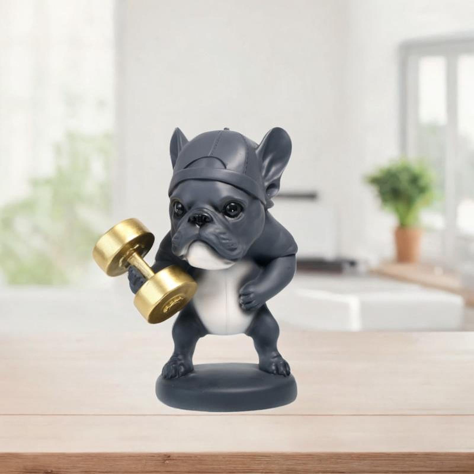 Statuetta di Cane in Resina per Tavolo E Mensola, Sollevando Manubri