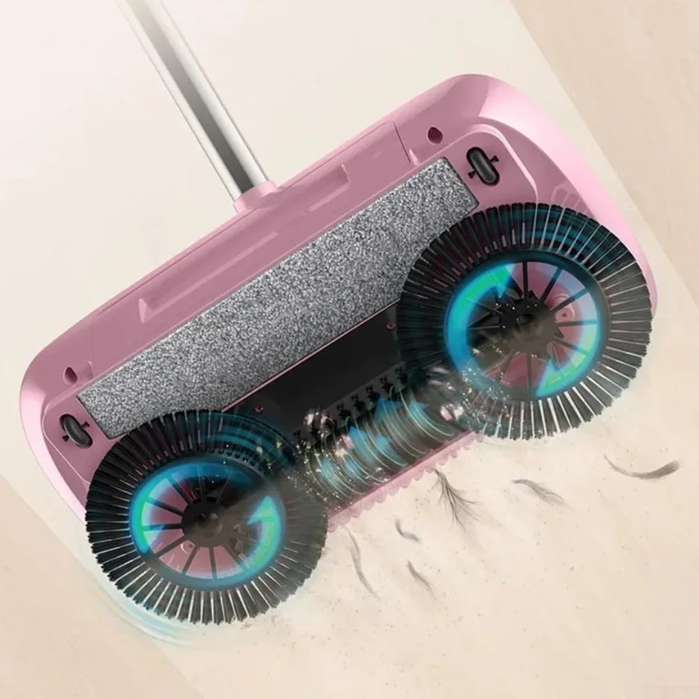 Balai multifonction à poussée à la main, balai rotatif à 360 degrés non électrique avec balai, pelle à poussière, outil de nettoyage (rose)