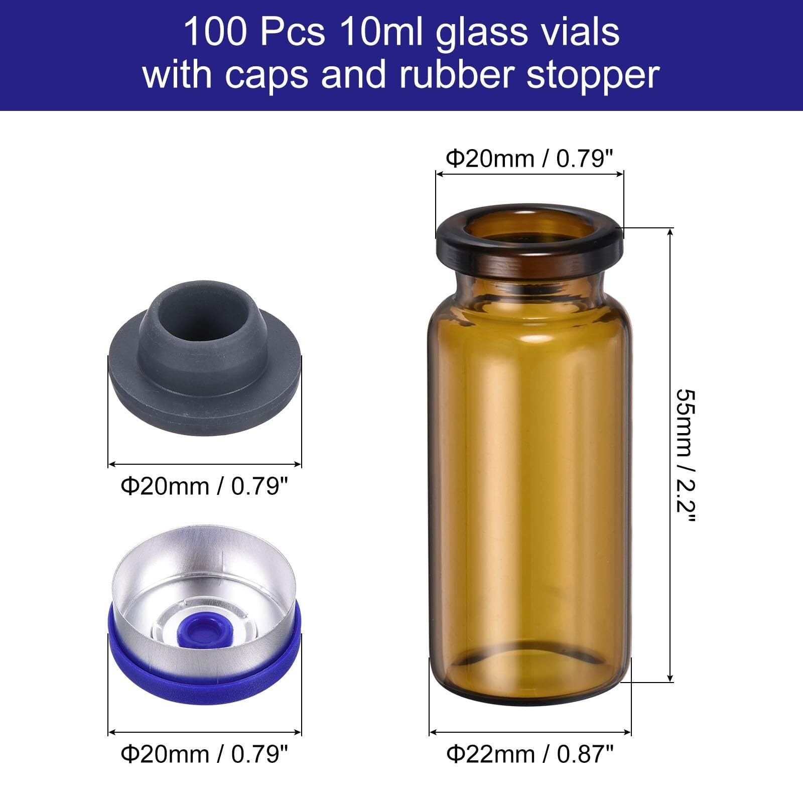 10ml Glasfläschchen, 100 Stück - Leere Probenflaschen mit Kappen & Gummistopfen für Labor & Ätherische Öle(Brown,10ml)