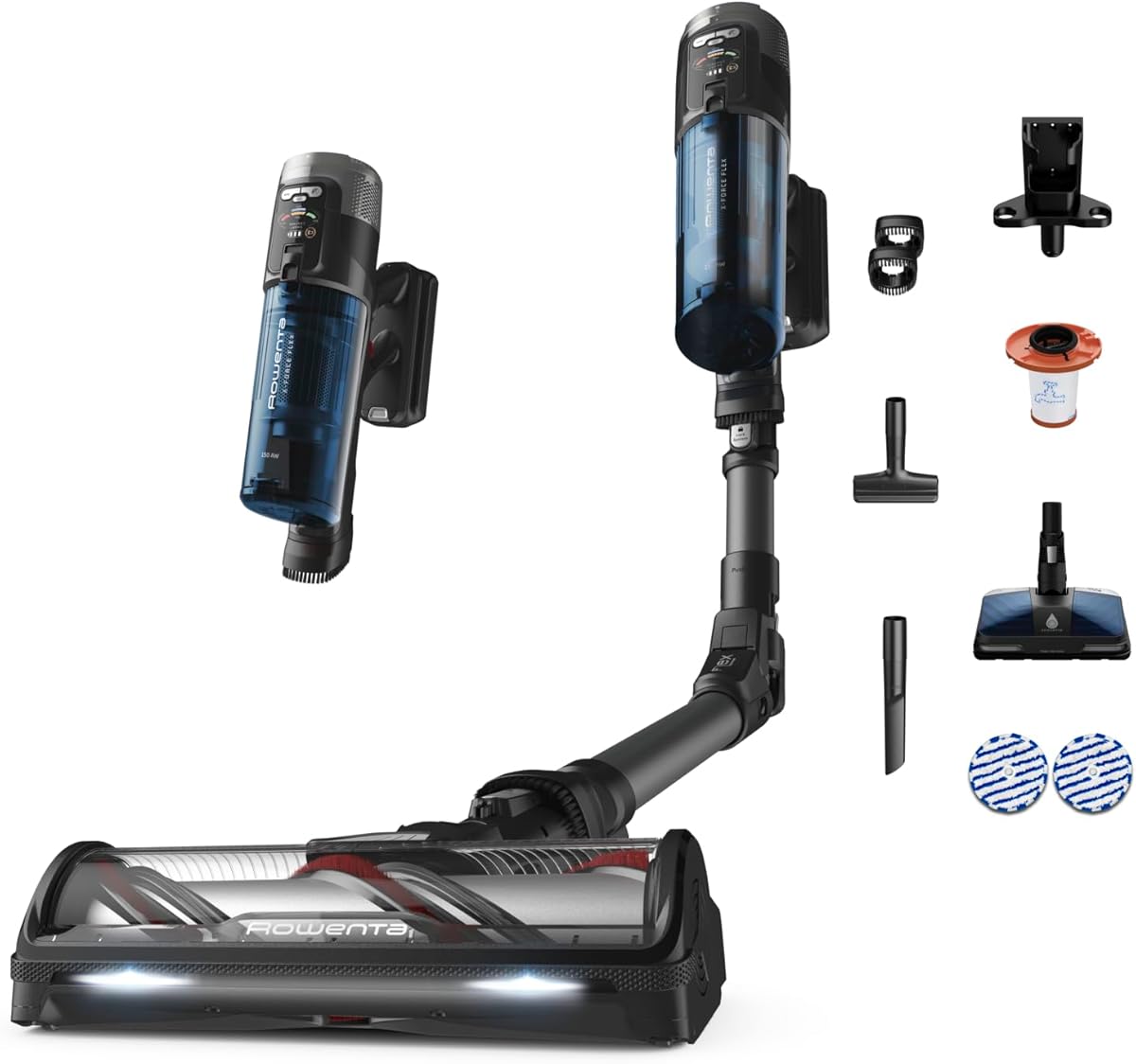 Rowenta X-Force Flex 12.60 Neo Allergy Aerospin Akkustaubsauger, 60 Min. Laufzeit, 150 Air Watt, kabellos, automatische Anpassung der Saugleistung, Flex-Technologie, LED-Display, blau/grau, RH9LC0WO