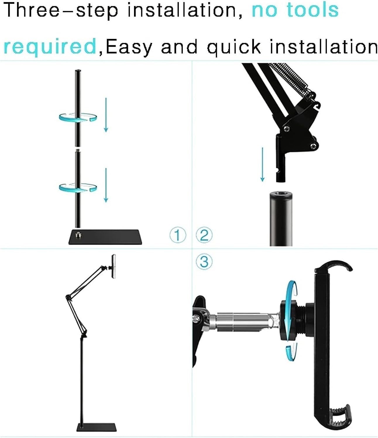 Ipad Floor Stand, Adjustable Metal Stand Holder, Universal Floor Stand with 360° Swing Flexible Foldable Arms, for Sitting,Standing,Laying Down, Exercising (Black) image 4