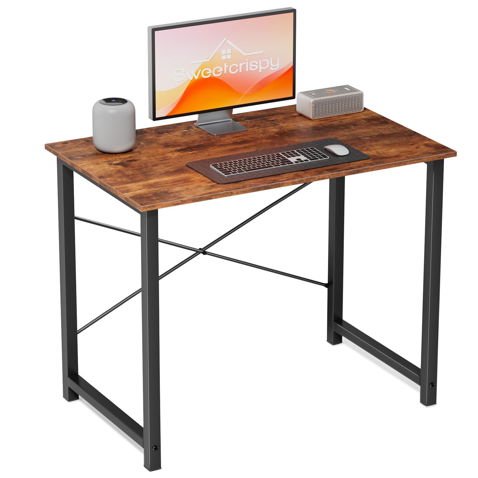 Sweetcrispy Schreibtisch, Kleiner Tisch 80 x 50 x 75.4cm (31in), Computertisch Metallgestell‌, Bürotisch für Arbeitszimmer, Schlafzimmer, Wohnzimmer, Study Table Desk, Braun