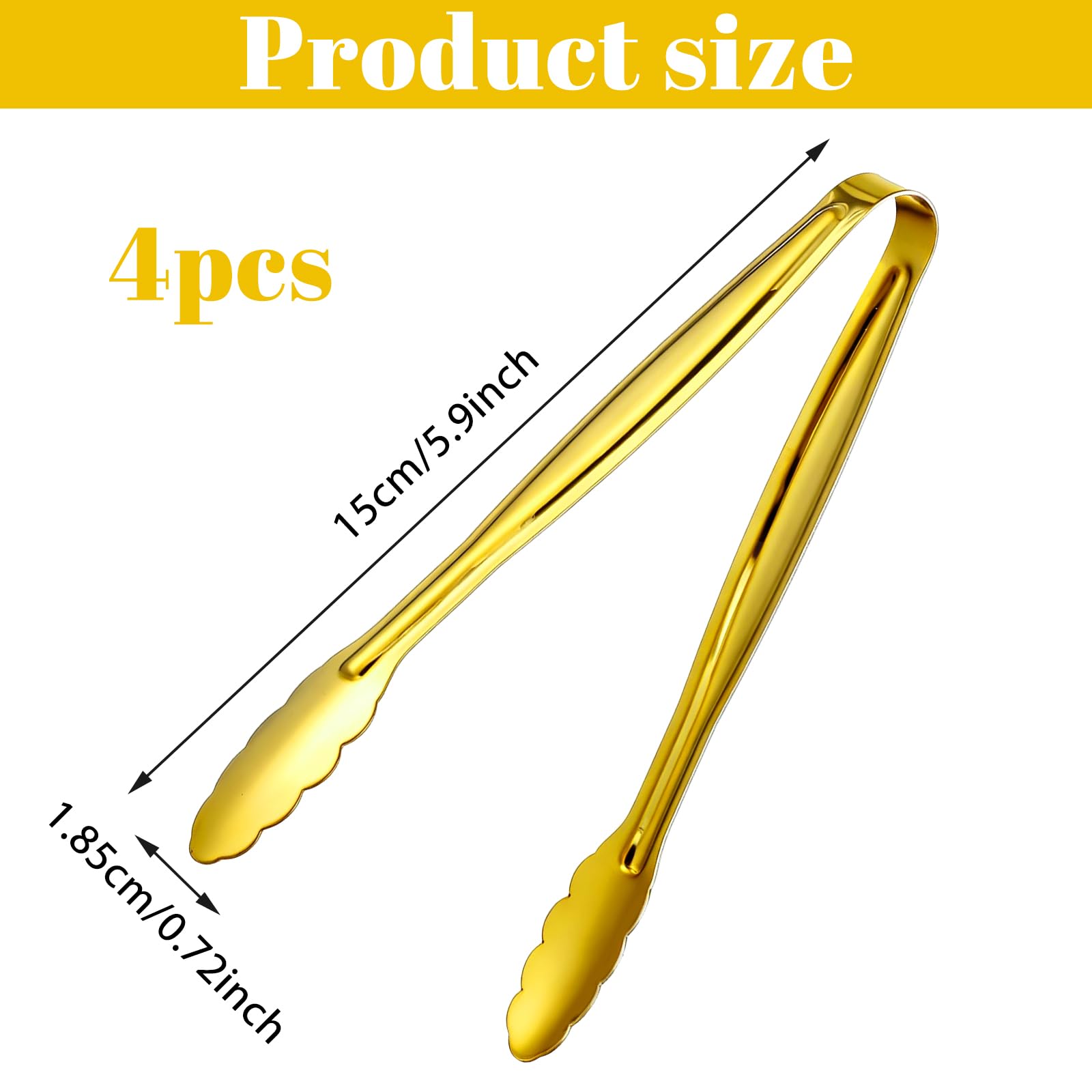 Paquete de 4 pinzas doradas para servir alimentos, pinzas pequeñas de acero inoxidable para bufé, suministros de bufé, pinzas para fiestas, postres, hielo, azúcar, bistec, ensalada, aperitivos, pan (6