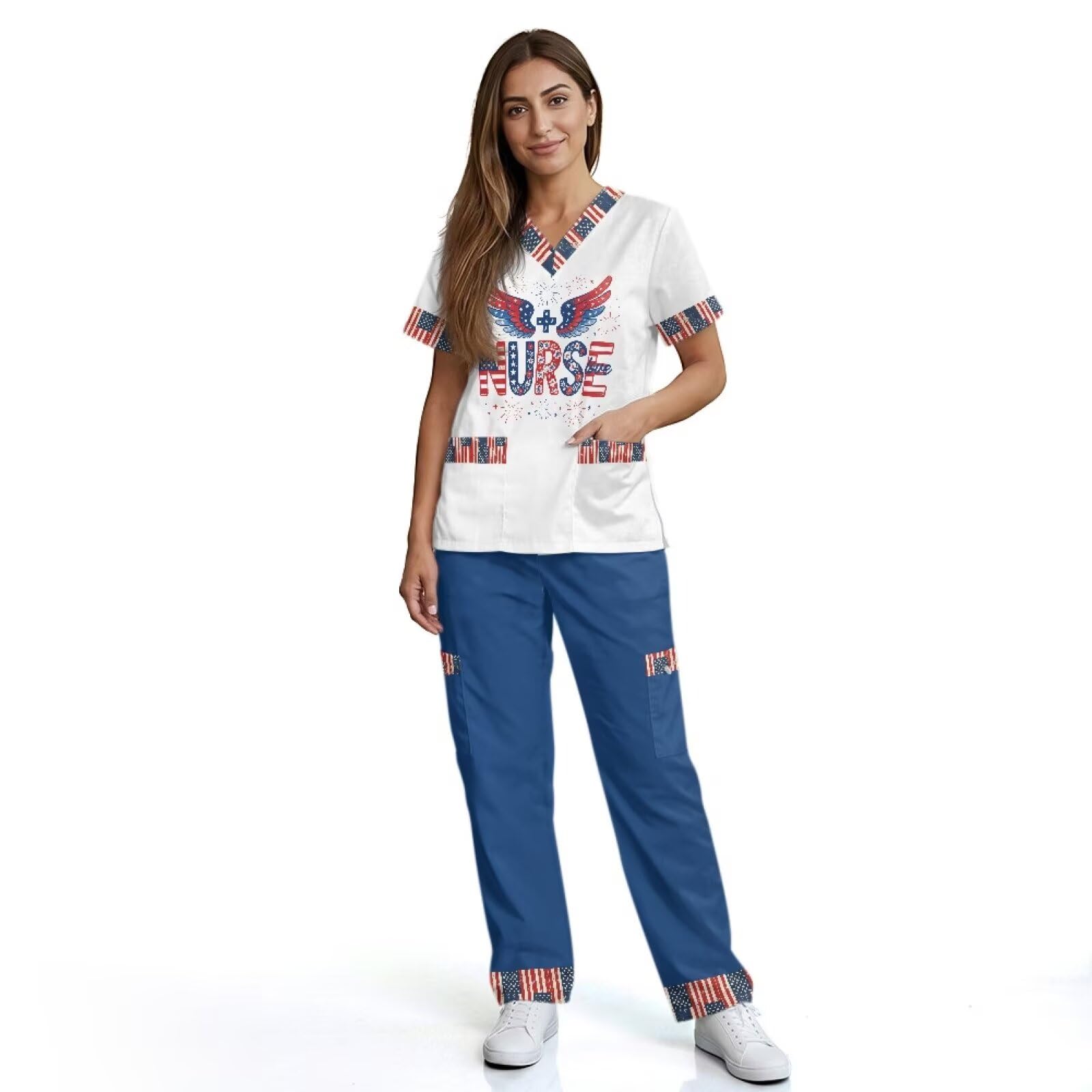 Set di scrub da donna con bandiera americana, vestibilità aderente, facile da pulire, scrub medico per donne, veterinari, tecnici e personale pediatrico