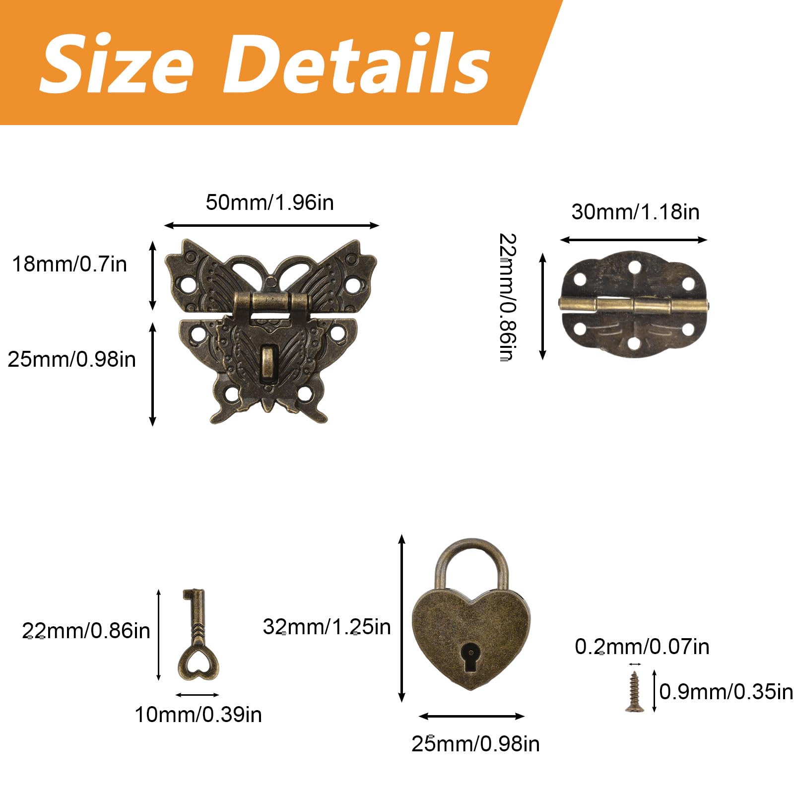 MOROBOR Antique Jewelry Box Butterfly Antique Lock Latch Hasp Box Hinges Heart Padlocks with Key for DIY Jewelry Box Wood Case Jewelry Chest Storage Box 2 Sets 8 PCS Box not Included - Image 2